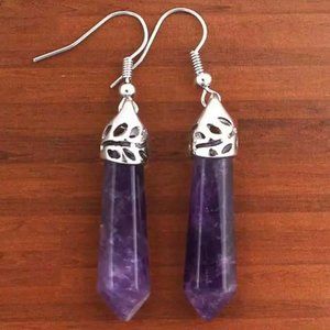 Amethyst Natural Stone Gemstone Hexagon Point Healing Stone Dangle Earrings